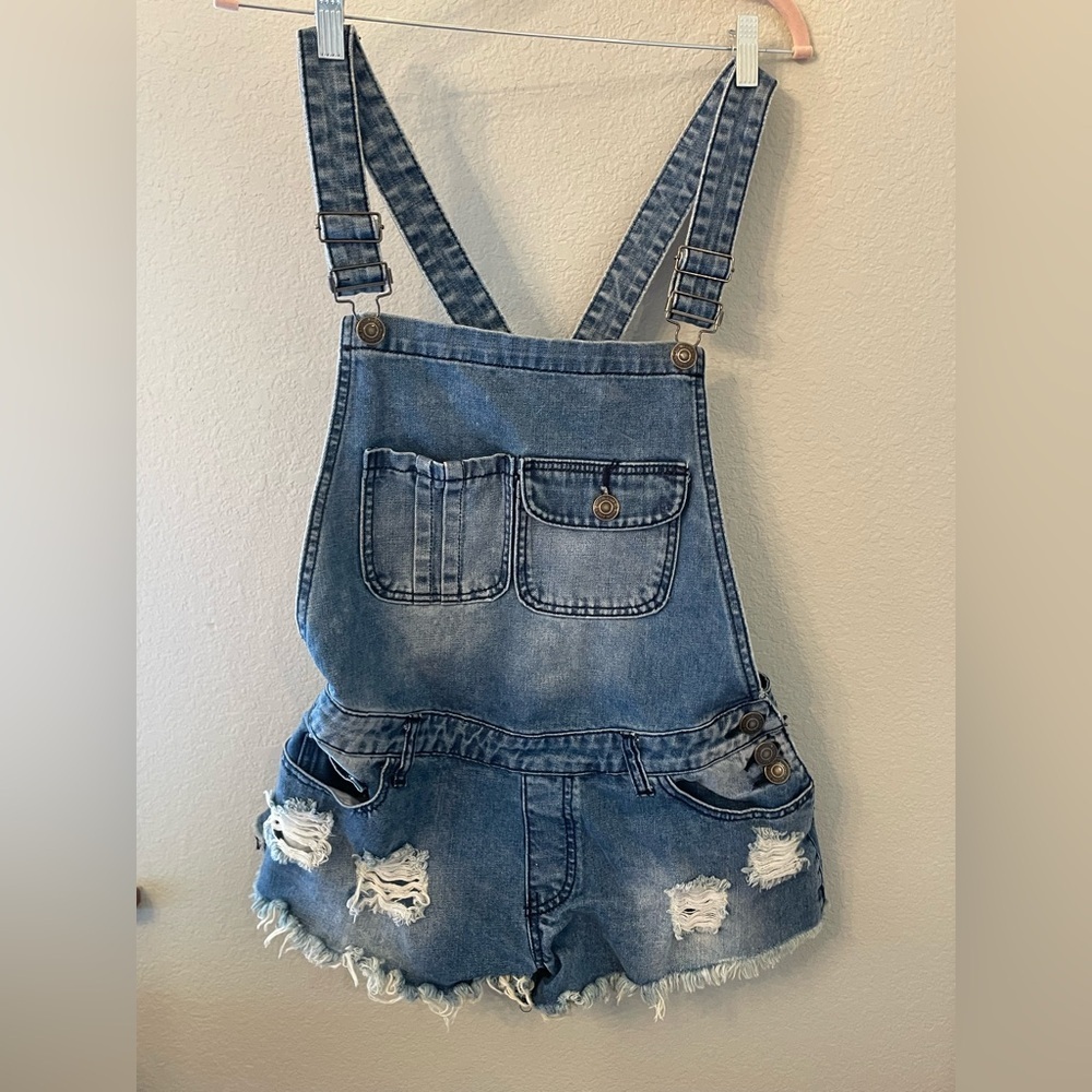 Machine‎ Blue Jean Shortalls Distressed Raw Hem Summer Medium Overalls Denim 28